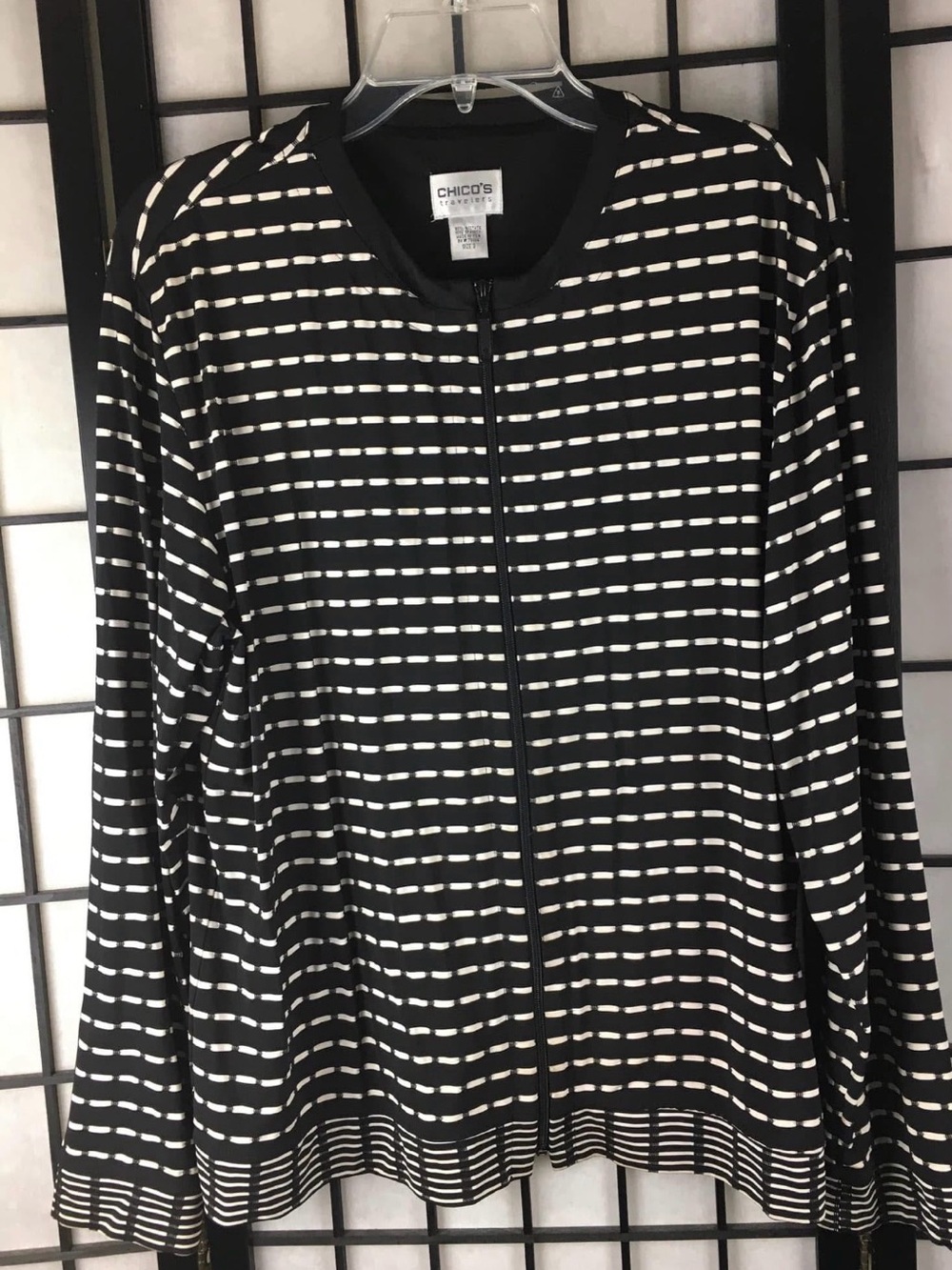 Chico's Travelers 3 (L)  Black and White Striped Zip Jacket